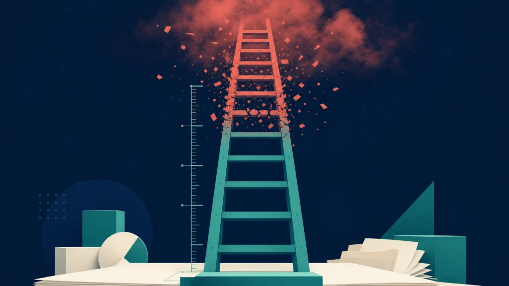 Illustratie van een inkomensladder: de onderste treden zijn stevig en gemeten, de bovenste lossen op in fragmenten.
