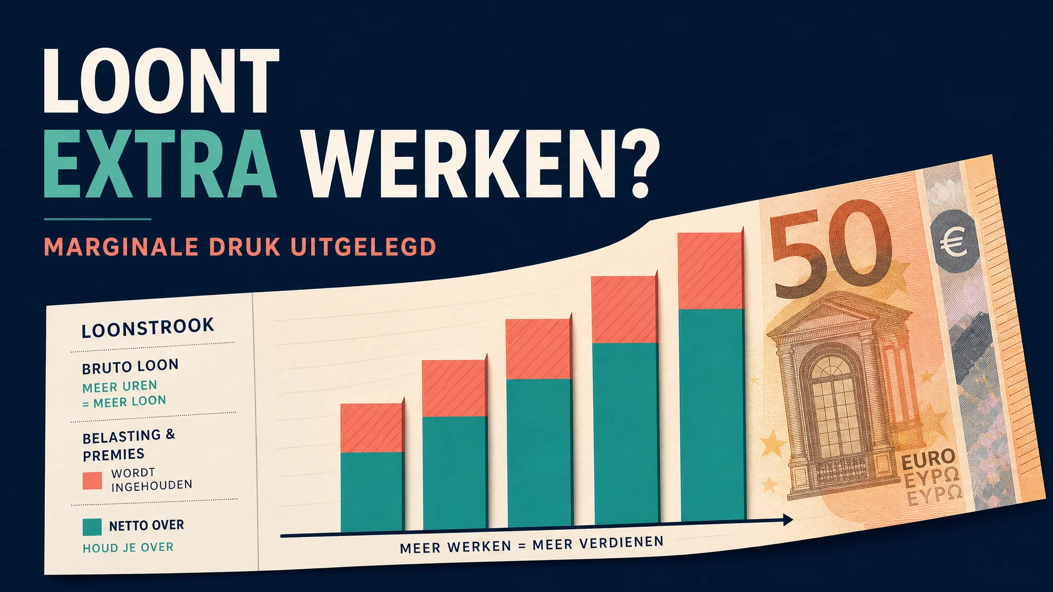 Loont extra werken? Grafiek met loonstrook: hoeveel van extra loon netto overblijft na belasting en premies