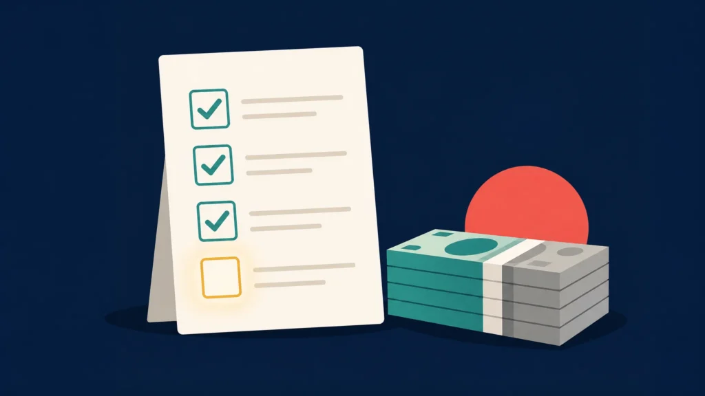 Checklist met drie afgevinkte vakjes en een leeg vakje, naast een stapel bankbiljetten die deels grijs is.